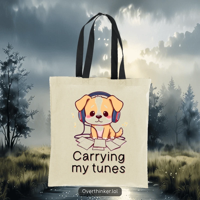 Funny Tote Bag: A dog looking confused at sheet music with tangled headphones humorously represents musical chaos for everyday use.