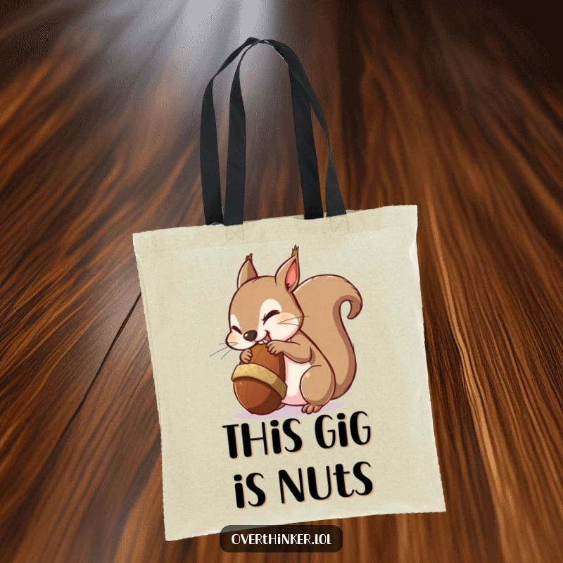 Funny tote bag illustration of a squirrel looking stressed while trying to eat an enormous acorn.