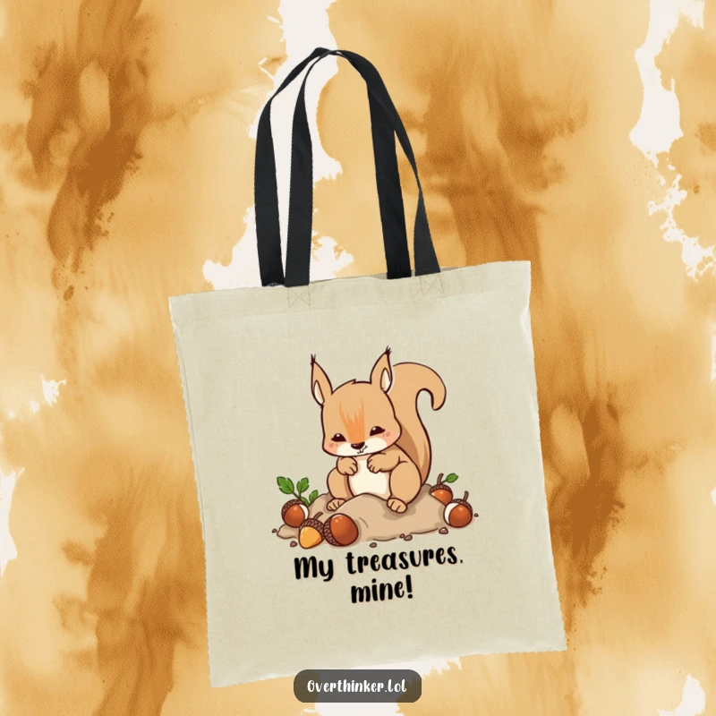 Funny Tote Bag: A squirrel burying and digging acorns humorously represents chaotic organization for everyday use.