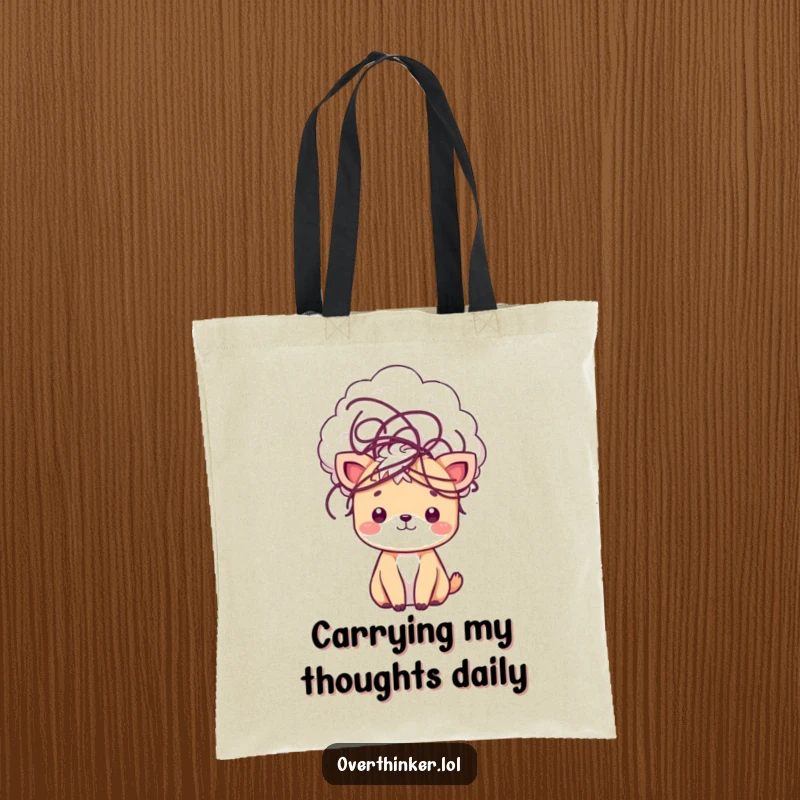 Funny kawaii tote bag featuring a cute animal with a swirling cloud of tangled thoughts, perfect for carrying necessities and ideas.
