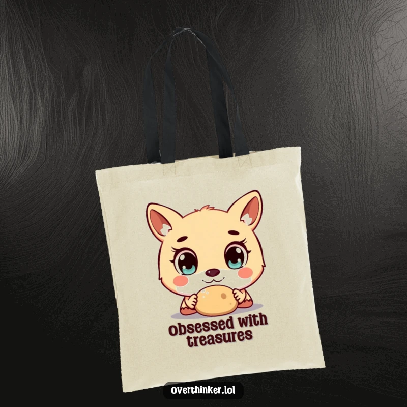 Funny tote bag design depicting an animal with massive, staring eyes, captivated by a simple object, perfect for shoppers.