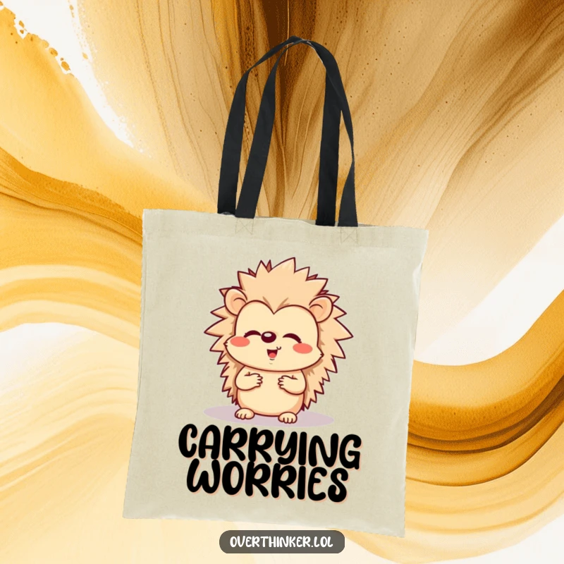 Funny tote bag with a cheerful hedgehog looking anxious about its own shadow, great for daily use.