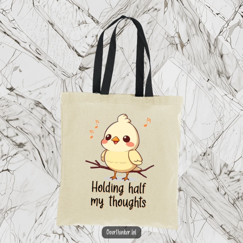 Funny Kawaii bird tote bag, a cute character mid-song, hilariously forgetting the ending, perfect for carrying humorous items.