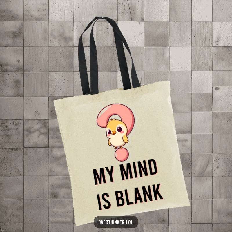 Funny tote bag with a bird stuck in a question mark, perfect for carrying items and expressing a curious mind.