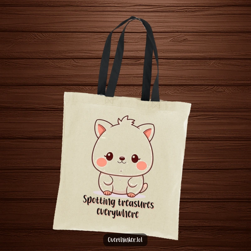 Funny kawaii tote bag featuring a cute animal character staring intently at a tiny speck, symbolizing sharp focus and curiosity.